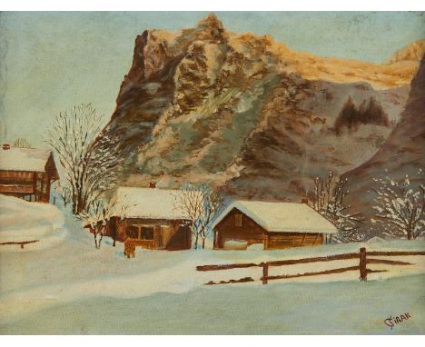 Carol Sirak (American, 1906-1976). Oil on canvas painting depicting a snowy landscape with a figure venturing forth from the 