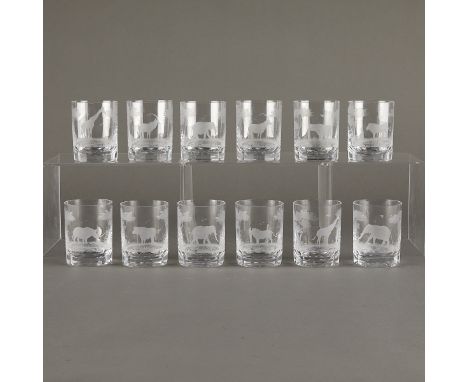 Queen Lace, Germany. Group of 12 handblown and handcut etched double old fashioned crystal glasses. Each decorated with an Af