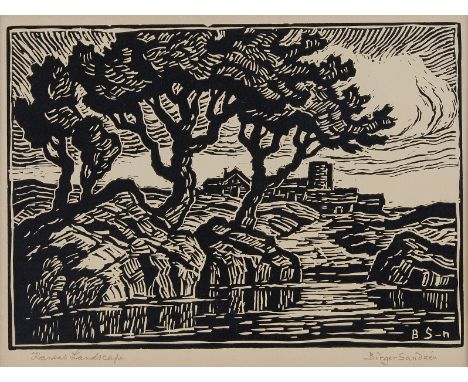 Birger Sandzen (Swedish/American, 1871-1954). Woodblock print on paper depicting an nature scene with energetic swirling line