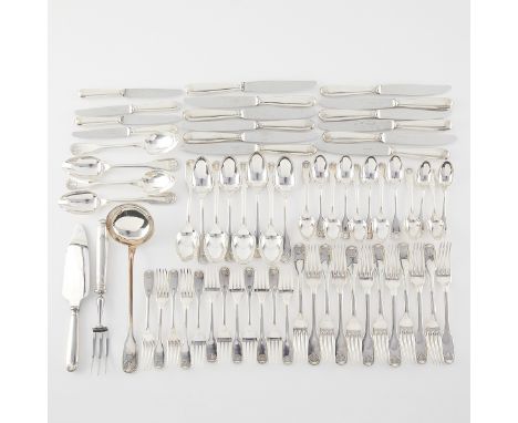 Christofle, France. Set 67 pieces of silverplate flatware in the pattern "Vendome Arcantia" including: 12 dinner forks, eight