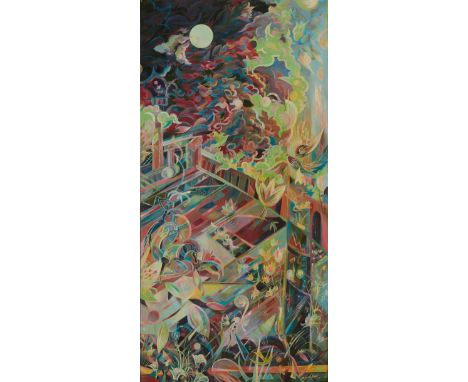 After Sayed Haider "S.H." Raza (Indian, 1922-2016). Oil on canvas painting depicting a fantastical landscape in vibrant color