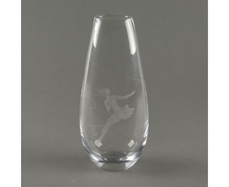 Victor Emanuel "Vicke" Lindstrand (Swedish, 1904-1983). Kosta glass vase depicting a figure skater with carefully incised lin