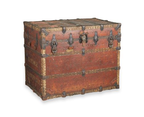 The Leatheroid Manufacturing Company, Kennebunk, Maine. Antique covered three-ply trunk. Numbered 12145 along the original la