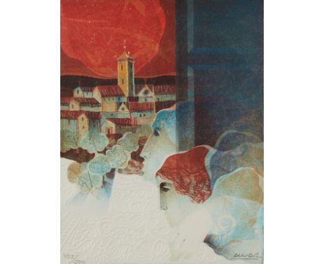 Alvar Sunol Munoz-Ramos (Spanish, b. 1935). Lithograph depicting two figures with red and blue hair facing towards the villag