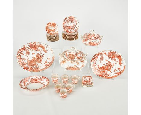 Royal Crown, Derby, United Kingdom. Set of "Red Aves" pattern English bone china porcelain service, 41 pieces. Produced betwe