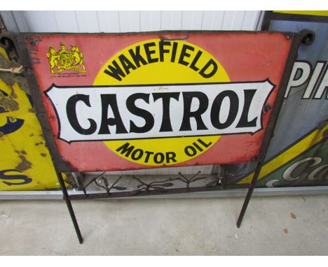 An enamel sign mounted on an iron frame, Castrol, Wakefield Motor Oil'