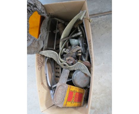 A box of mixed including tools, car spares, steamer whistles, lens cover and valves etc 