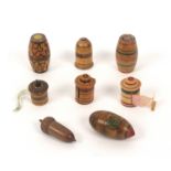 Seven various whitewood paint decorated Tunbridge ware sewing accessories, comprising two thimble
