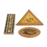 Three whitewood Tunbridge ware cribbage boards, comprising a pointed oval example depicting a cave