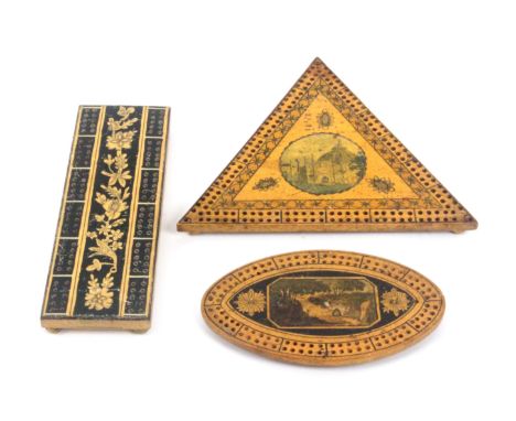 Three whitewood Tunbridge ware cribbage boards, comprising a pointed oval example depicting a cave entrance, probably High Ro