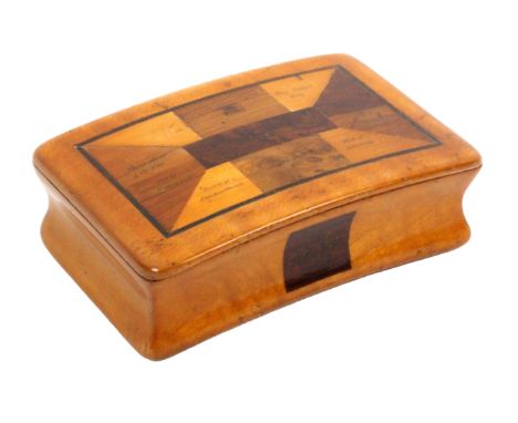 A Scottish sycamore snuff box by Craig, with wooden hinge inlaid with specimen woods, inward curving sides, the front with in