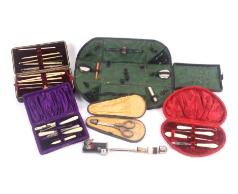 Six sewing companions, late 19th/early 20th Century, comprising a 'D' shaped plush covered example with tools, 19cms, another