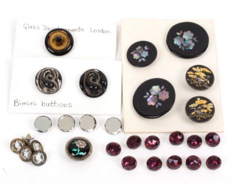 A group of 19th Century and later buttons, comprising a pair of glass Bimini buttons, 'Made In England' and plant pot marks t