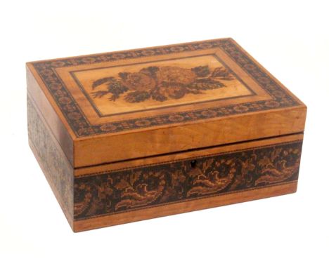 A satinwood Tunbridge ware box of rectangular form labelled for Edmund Nye, the sides with a broad band of scrolling mosaic, 