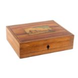 A print decorated and inlaid whitewood Tunbridge ware rectangular box, the sides with simple line
