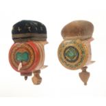 Two whitewood paint and label decorated Tunbridge ware sewing clamps, both with cylinder frames