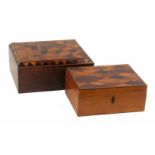 Two Tunbridge ware boxes, comprising a rosewood example of sarcophagol form, the lid with a panel of