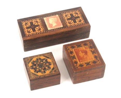Three Tunbridge ware stamp boxes, comprising a square rosewood example with label for 'Edmund Nye ….', stick ware lid, 3.6cms
