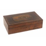 A print decorated and inlaid rosewood Tunbridge ware rectangular box, diamond boxwood escutcheon,