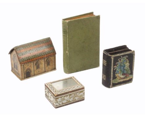 Four needle packet boxes and books, comprising a cardboard example in the form of a church opening to reveal four needle pack