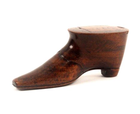 A named and dated mahogany shoe form snuff box, the sliding lid dated in brass pique '1831' within pique borders and inscribe