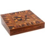 A rosewood Tunbridge ware writing box, the plain sides below a sloping lid centred by a panel of
