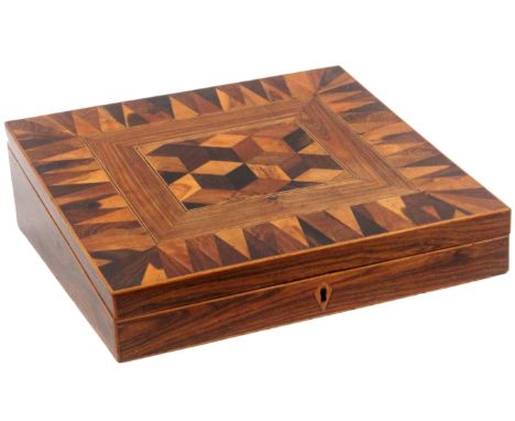 A rosewood Tunbridge ware writing box, the plain sides below a sloping lid centred by a panel of cube work within an outer bo