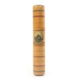 A whitewood print and paint decorated Tunbridge ware cylinder knitting needle case, with domed ends,