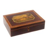 A print decorated and inlaid rosewood Tunbridge ware rectangular box, pointed oval boxwood