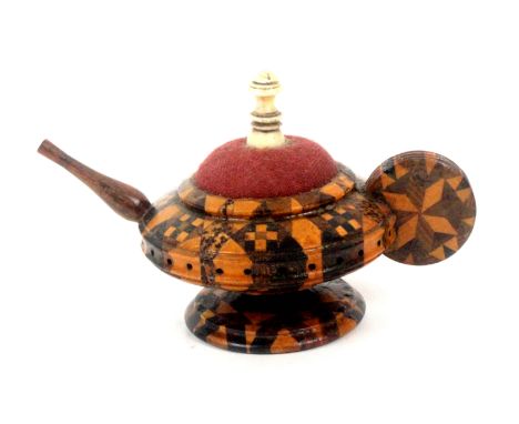 Tunbridge ware, sewing, a stick ware pin cushion tea pot, with bone finial, the body incorporating a pin wheel, 8.5cms. &nbsp