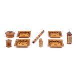 Nine pieces of whitewood Tunbridge ware, comprising a cylinder ring painted scroll holder containing