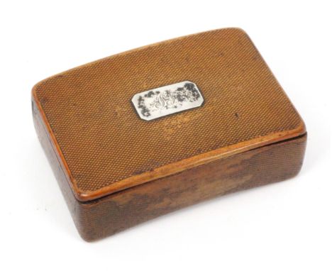 A Scottish sycamore snuff box, with wooden hinge, curved lid and base, decorated all over with black diagonal lines (wear to 