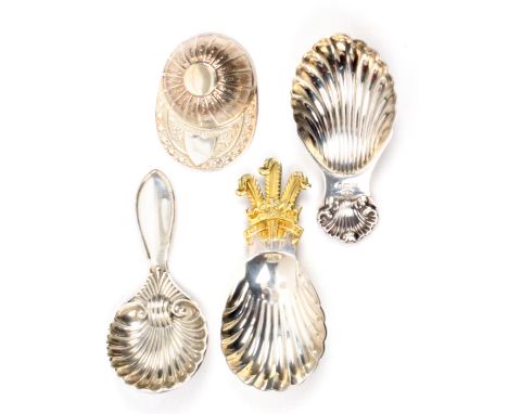 Three silver caddy spoons and another, comprising an example with Prince of Wales and 'Ich Dien' gilt handle, Sheffield 1981 
