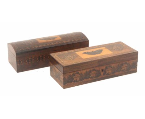 Two rosewood Tunbridge ware rectangular boxes, comprising a dome top example, the sides with a band of stick ware, the lid wi