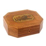 A print decorated and inlaid mahogany Tunbridge ware playing card box of octagonal form, George