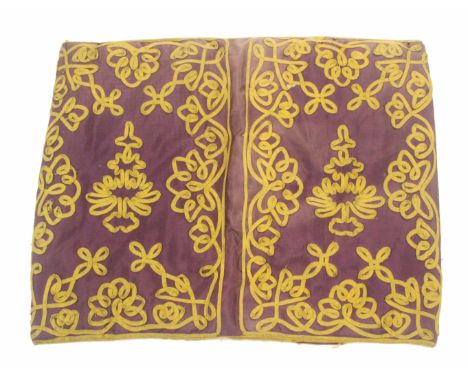 A purple silk handkerchief case,&nbsp; of twin compartment rectangular form applied with looped yellow flattened cord in the 