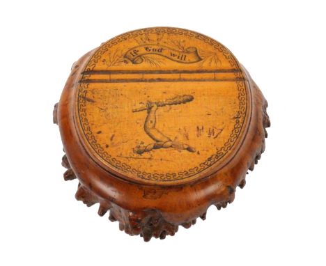 A small Scottish burr sycamore penwork decorated snuff box of near circular form, the lid with wooden hinge decorated with a 