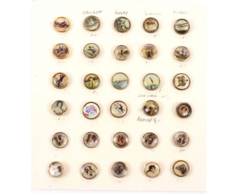Thirty lithograph waistcoat buttons, including sporting, aeronautical, portrait, dogs, horses, etc., mostly circa 1.5cms.&nbs