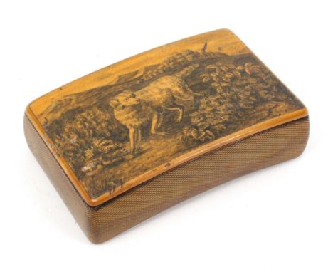 A Scottish sycamore snuff box, with wooden hinge, curved lid and base, decorated in penwork, the lid with a dog on a pathway 