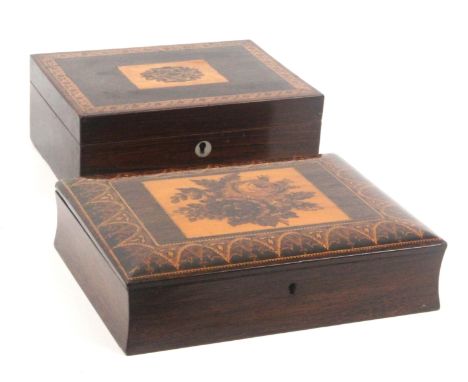 Two Tunbridge ware boxes, comprising a rosewood rectangular sewing box, plain sides with circular mother of pearl escutcheon,