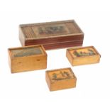 Four small whitewood print and paint decorated Tunbridge ware rectangular boxes, comprising an