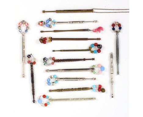 Silver and other metal lace bobbins, comprising a silver lace bobbin of mother and babe form numbered 33, London, 1978, anoth