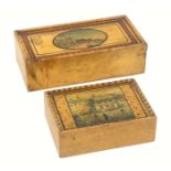 Two small whitewood print and paint decorated Tunbridge ware rectangular boxes, both with sliding