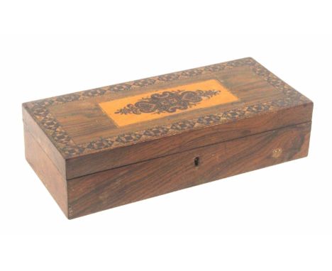 A rosewood Tunbridge ware box of rectangular form, the plain sides below a hinged lid with central inset mosaic mirror panel 