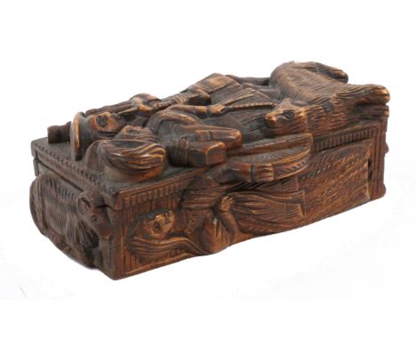 A Scottish 'blind man' deep carved sycamore snuff box, the lid carved with a kilted bagpiper beside a kilted huntsman with do