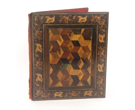 A rosewood Tunbridge ware rectangular book form blotter, the cover with a panel of cube work within a broad border of floral 