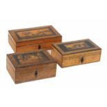 Three small whitewood and paint decorated Tunbridge ware rectangular boxes, the lid of each