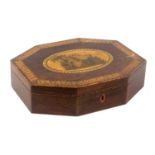 A paint and penwork rosewood Tunbridge ware playing card box of octagonal form, pointed oval boxwood