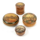 Four whitewood print and paint decorated Tunbridge ware circular boxes, comprising a bulbous body
