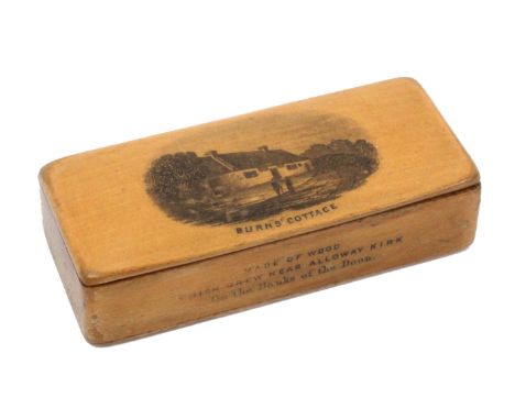 A Scottish sycamore snuff box, with wooden hinge, lid interior with Royal Warrant and 'Smith Mauchline, Manufacturers To His 